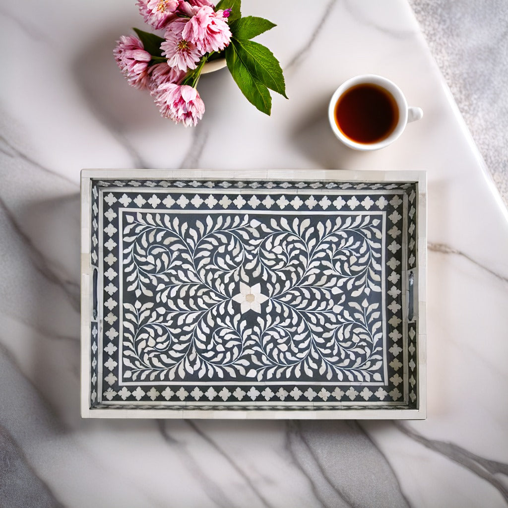 Bone Inlay Tray in  Floral pattern Tray Design