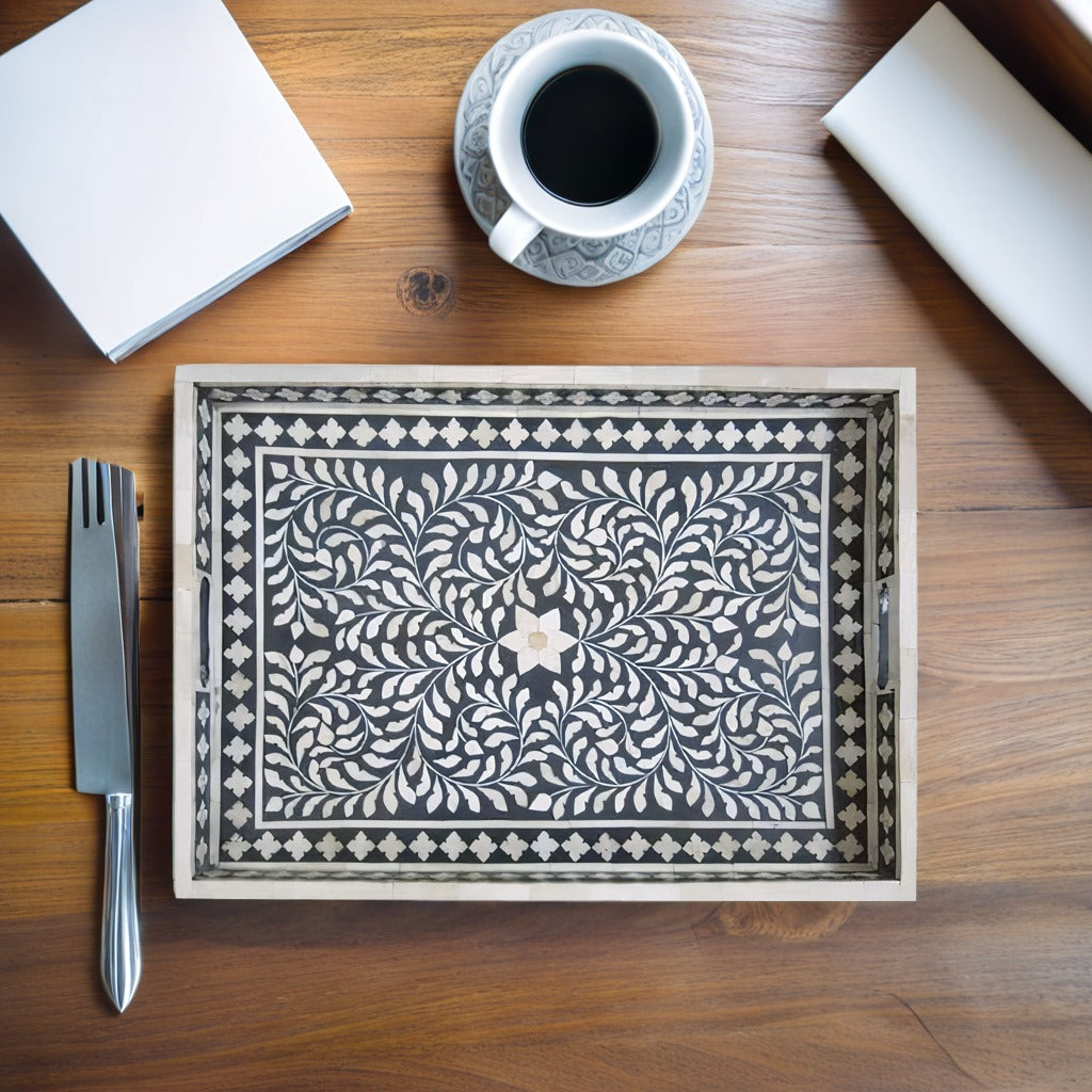 Bone Inlay Tray in  Floral pattern Tray Design