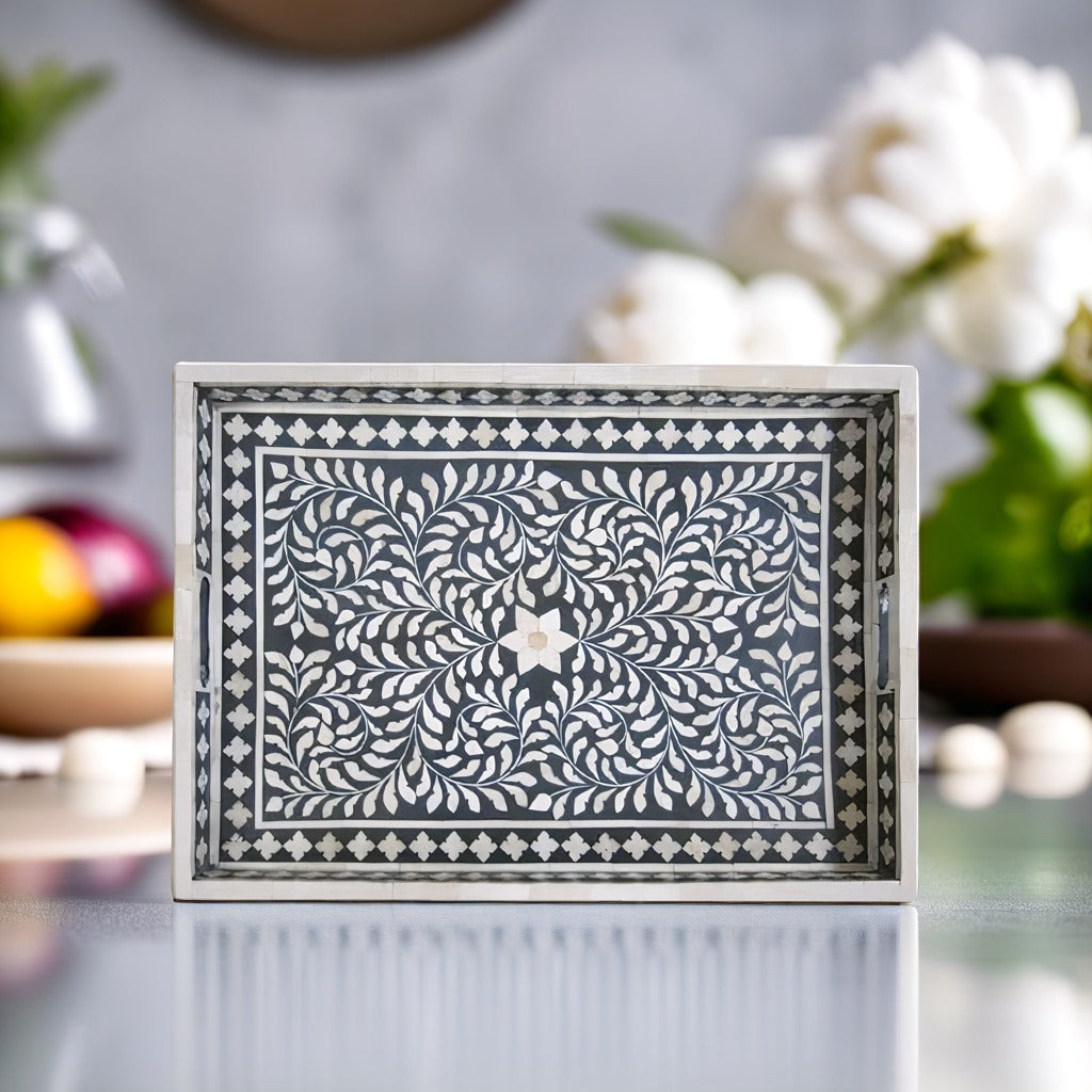 Bone Inlay Tray in  Floral pattern Tray Design