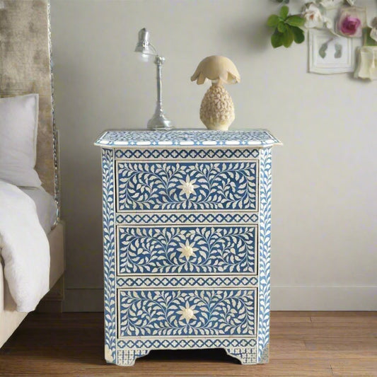 Handmade Customized Bone Inlay 3 Drawer Bedside Table