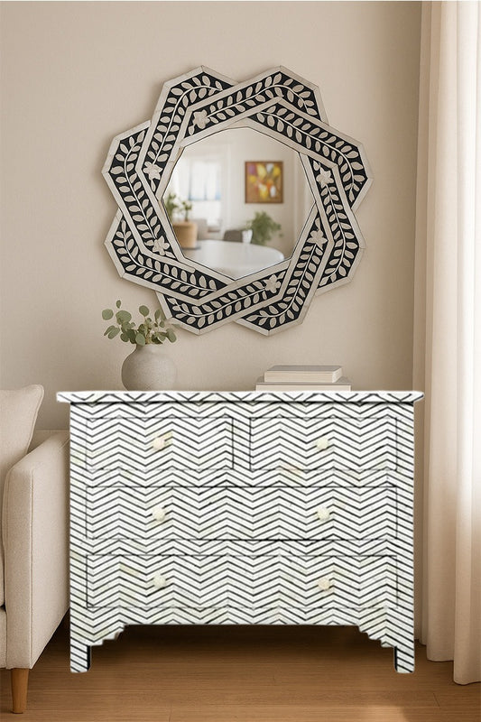 Black Bone Inlay Chest of Drawers – 4-Drawer Handmade Dresser | Chevron Pattern Storage Cabinet