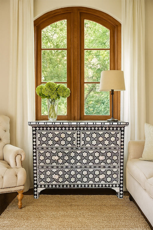 Bone Inlay Chest Of 4 Drawers , Black In Pattern