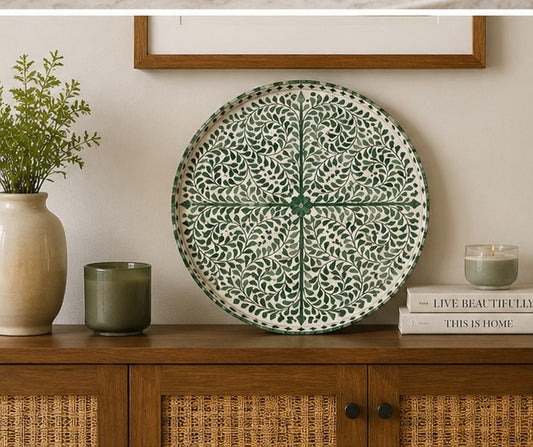 Green Floral Bone Inlay Round Vanity & Coffee Table Tray