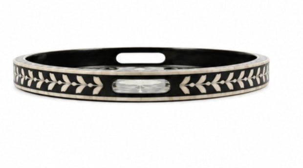 Black Bone Inlay Serving Tray – Handcrafted Floral Decorative Accent Tray