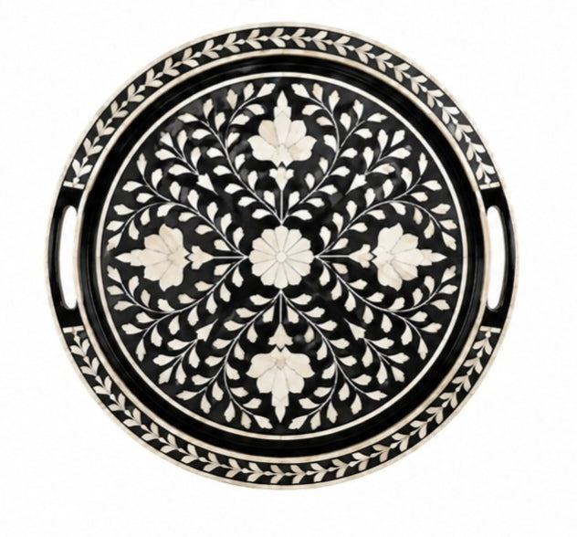 Black Bone Inlay Serving Tray – Handcrafted Floral Decorative Accent Tray