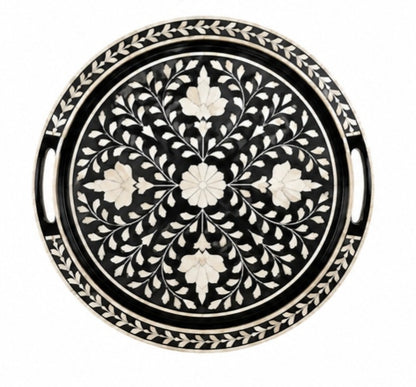 Black Bone Inlay Serving Tray – Handcrafted Floral Decorative Accent Tray
