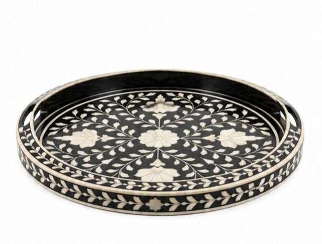 Black Bone Inlay Serving Tray – Handcrafted Floral Decorative Accent Tray