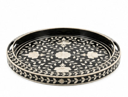 Black Bone Inlay Serving Tray – Handcrafted Floral Decorative Accent Tray