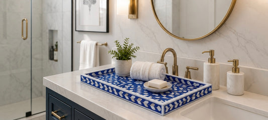 Luxury Handmade Mother of Pearl Inlay Tray | Blue Floral Serving & Vanity Tray