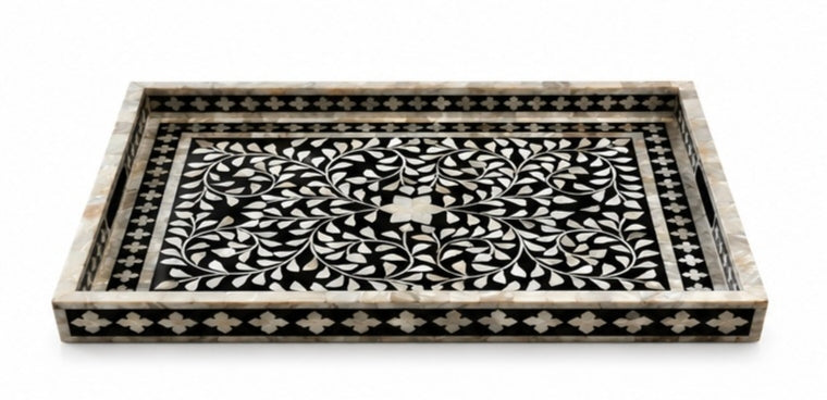 Handmade Mother of Pearl Inlay Rectangular Serving Tray with Handles
