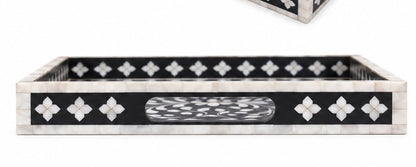Luxury Black Mother of Pearl Rectangular Serving Tray with Floral Inlay