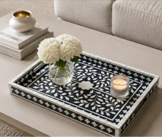 Luxury Black Mother of Pearl Rectangular Serving Tray with Floral Inlay