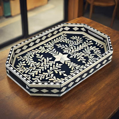 Luxury Bone Inlay Tray with Intricate Black Floral Pattern