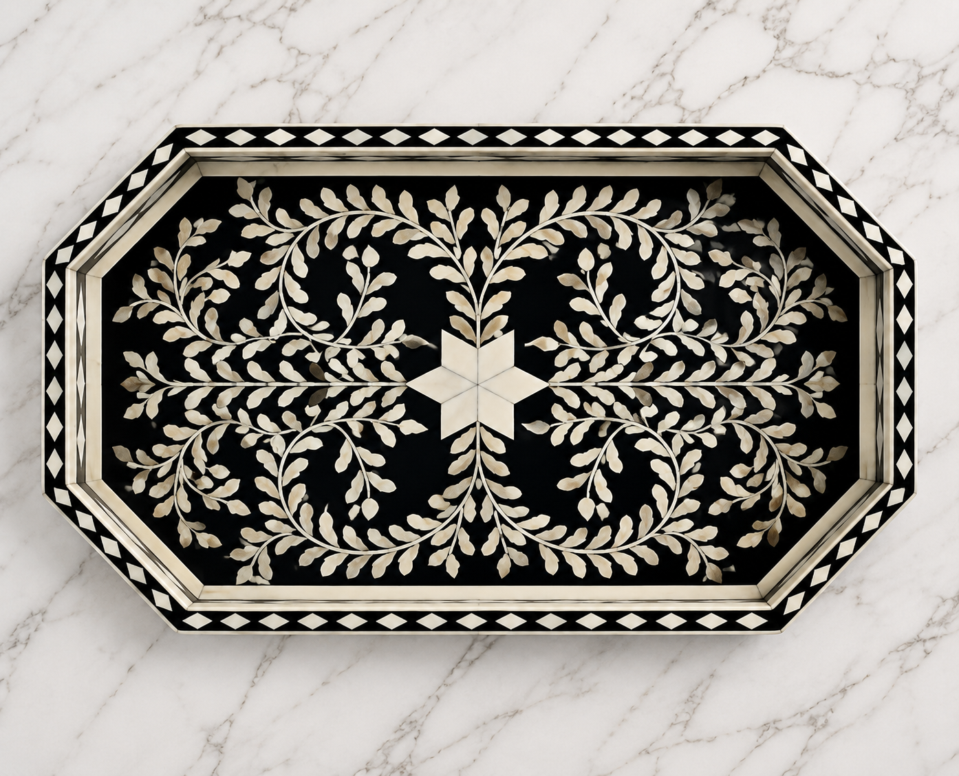 Luxury Bone Inlay Tray with Intricate Black Floral Pattern