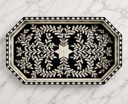 Luxury Bone Inlay Tray with Intricate Black Floral Pattern