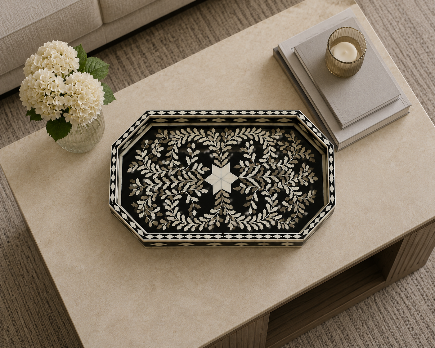 Luxury Bone Inlay Tray with Intricate Black Floral Pattern