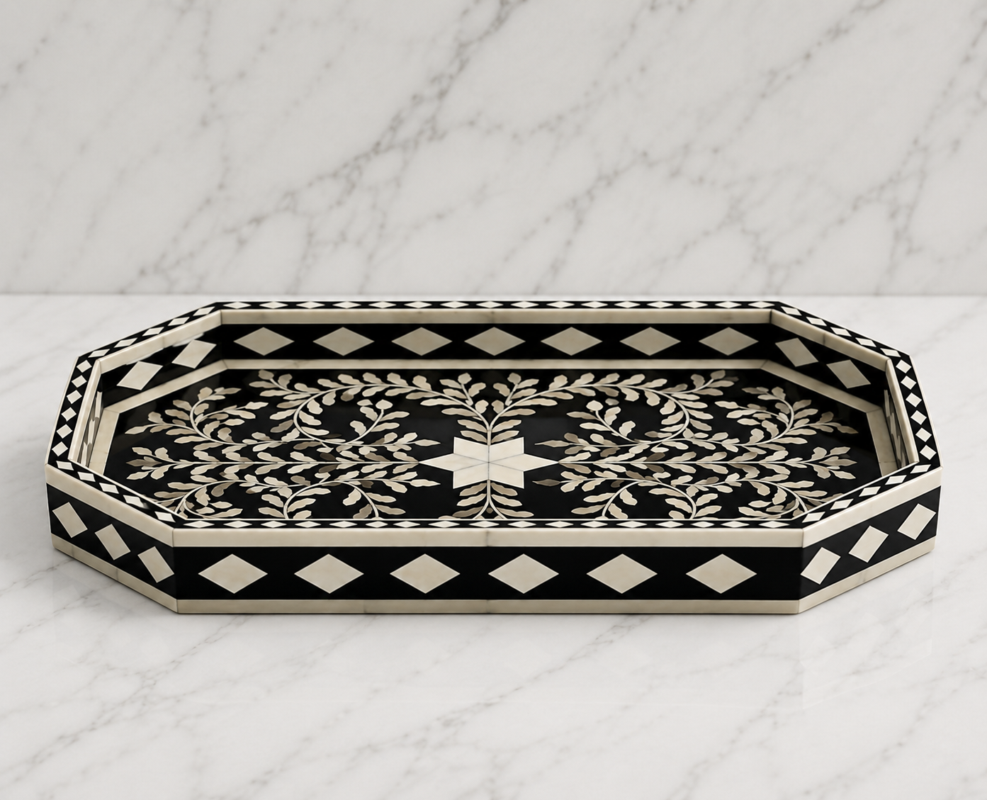 Luxury Bone Inlay Tray with Intricate Black Floral Pattern