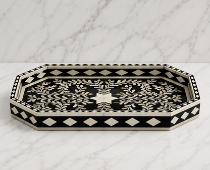 Luxury Bone Inlay Tray with Intricate Black Floral Pattern