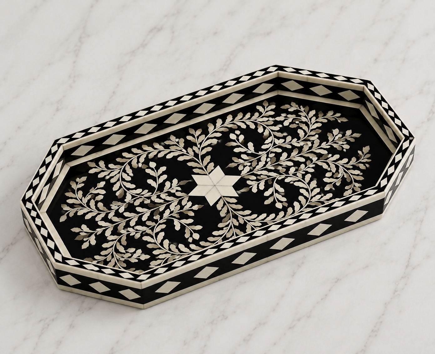 Luxury Bone Inlay Tray with Intricate Black Floral Pattern