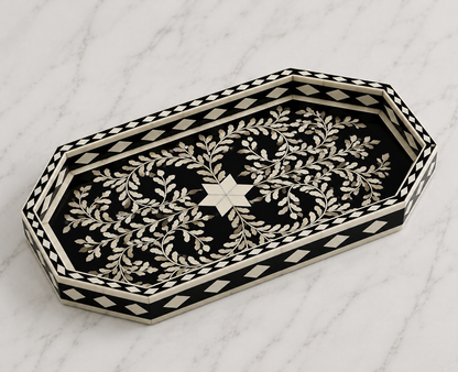 Luxury Bone Inlay Tray with Intricate Black Floral Pattern