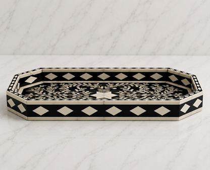 Luxury Bone Inlay Tray with Intricate Black Floral Pattern