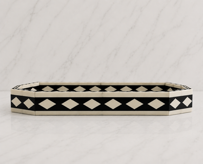 Luxury Bone Inlay Tray with Intricate Black Floral Pattern