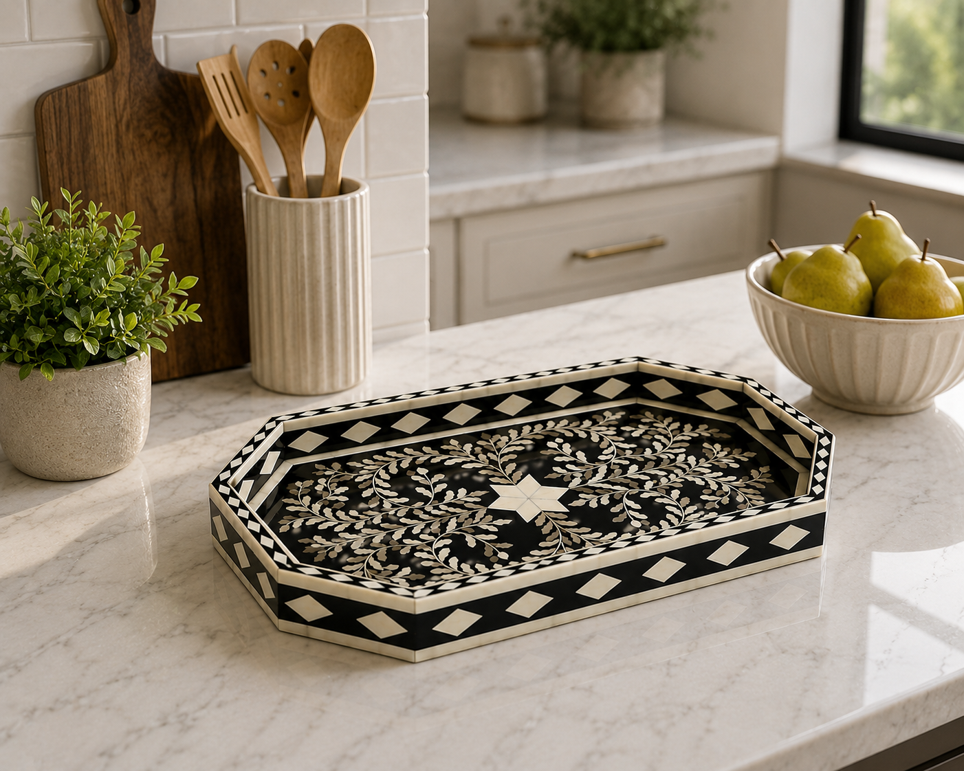 Luxury Bone Inlay Tray with Intricate Black Floral Pattern
