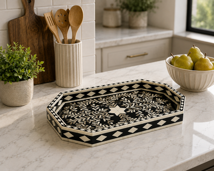 Luxury Bone Inlay Tray with Intricate Black Floral Pattern