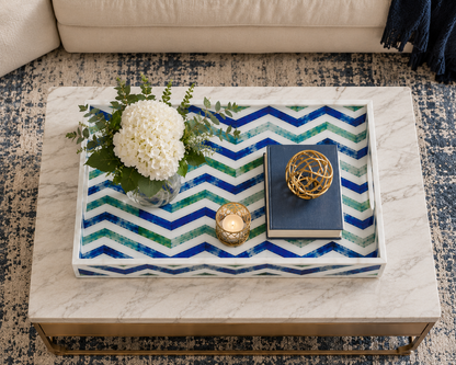 Decorative Bone Inlay Serving Tray with Blue Green Chevron Pattern