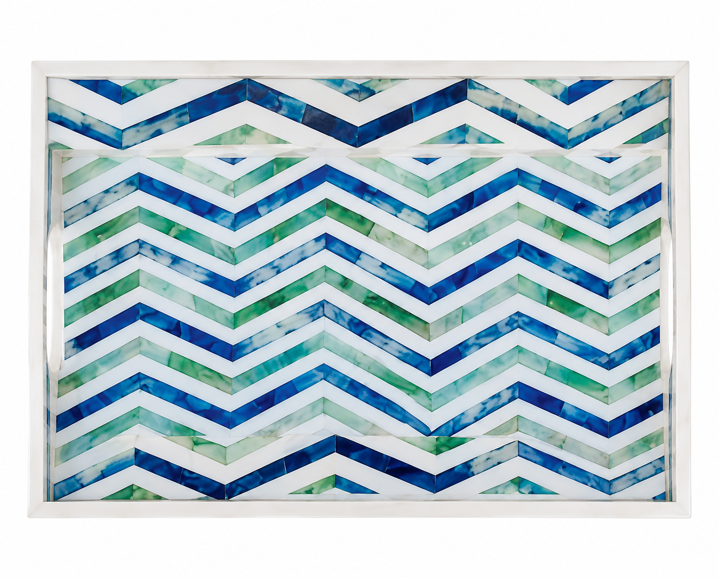 Decorative Bone Inlay Serving Tray with Blue Green Chevron Pattern