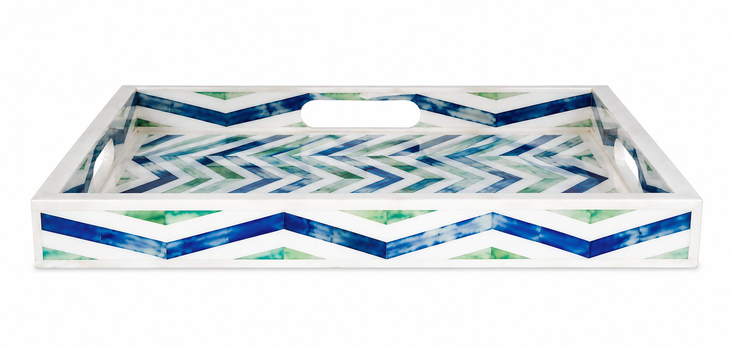 Decorative Bone Inlay Serving Tray with Blue Green Chevron Pattern