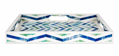 Decorative Bone Inlay Serving Tray with Blue Green Chevron Pattern