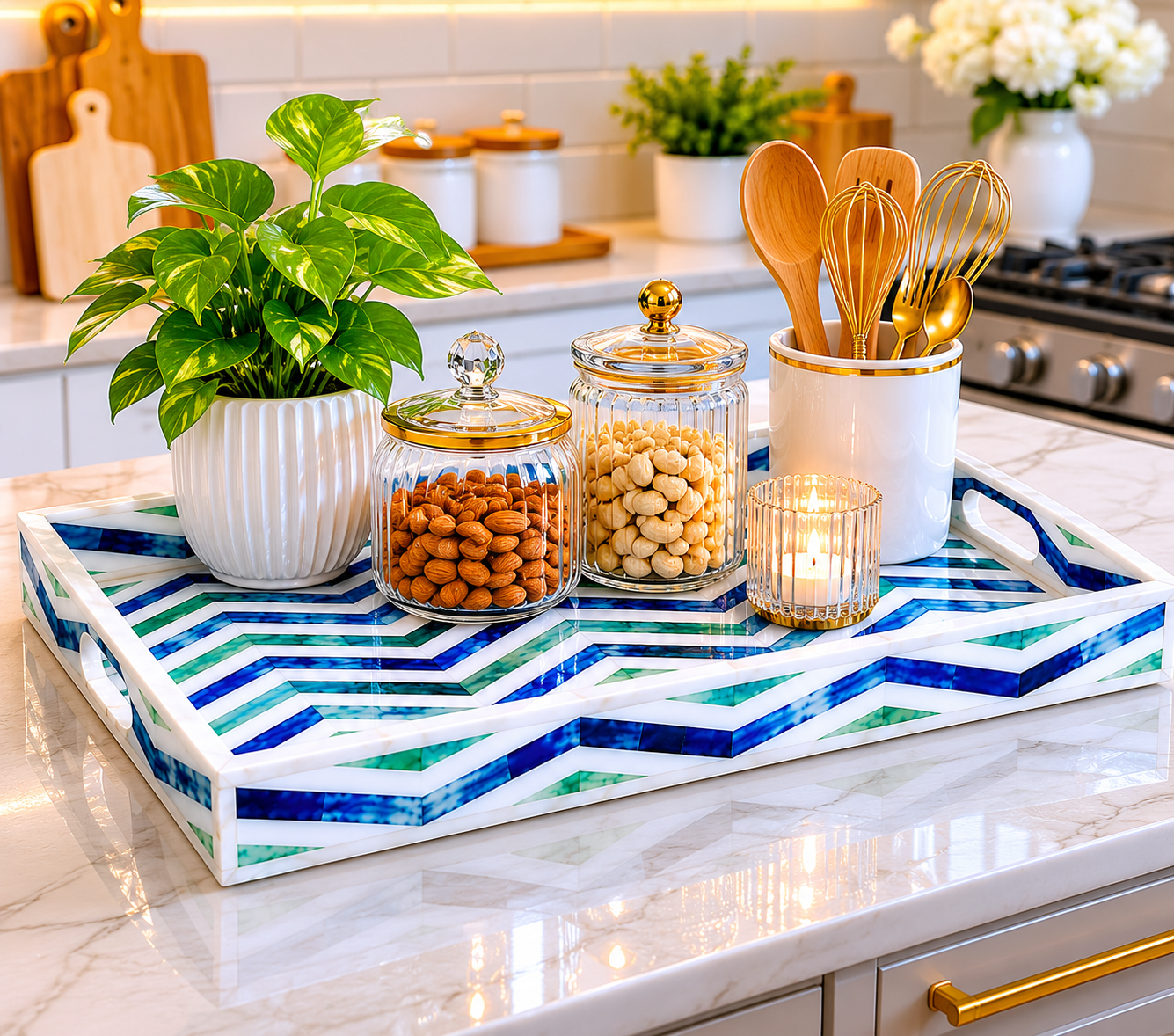 Decorative Bone Inlay Serving Tray with Blue Green Chevron Pattern