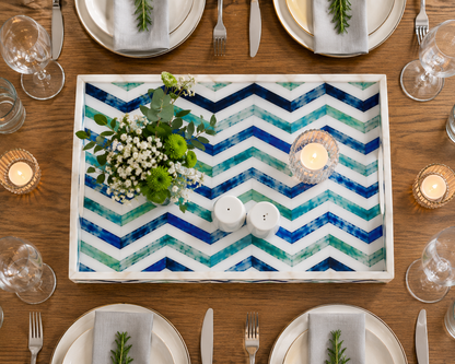 Decorative Bone Inlay Serving Tray with Blue Green Chevron Pattern