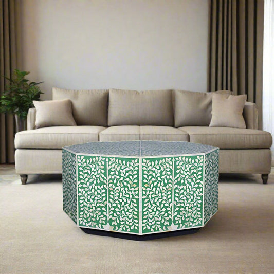 Handmade Octagonal Mother of Pearl Inlay Table - Elegant Green Entryway & Living Room Accent