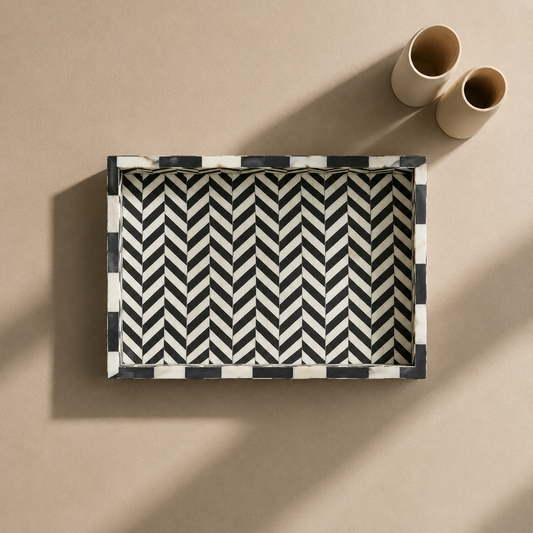 Artisan Bone Inlay Serving Tray in Black Zigzag Style