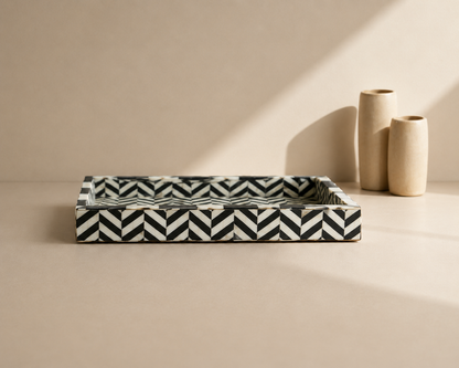 Artisan Bone Inlay Serving Tray in Black Zigzag Style