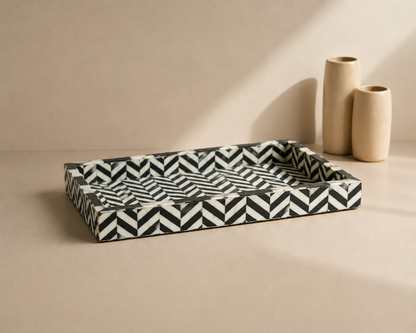 Artisan Bone Inlay Serving Tray in Black Zigzag Style