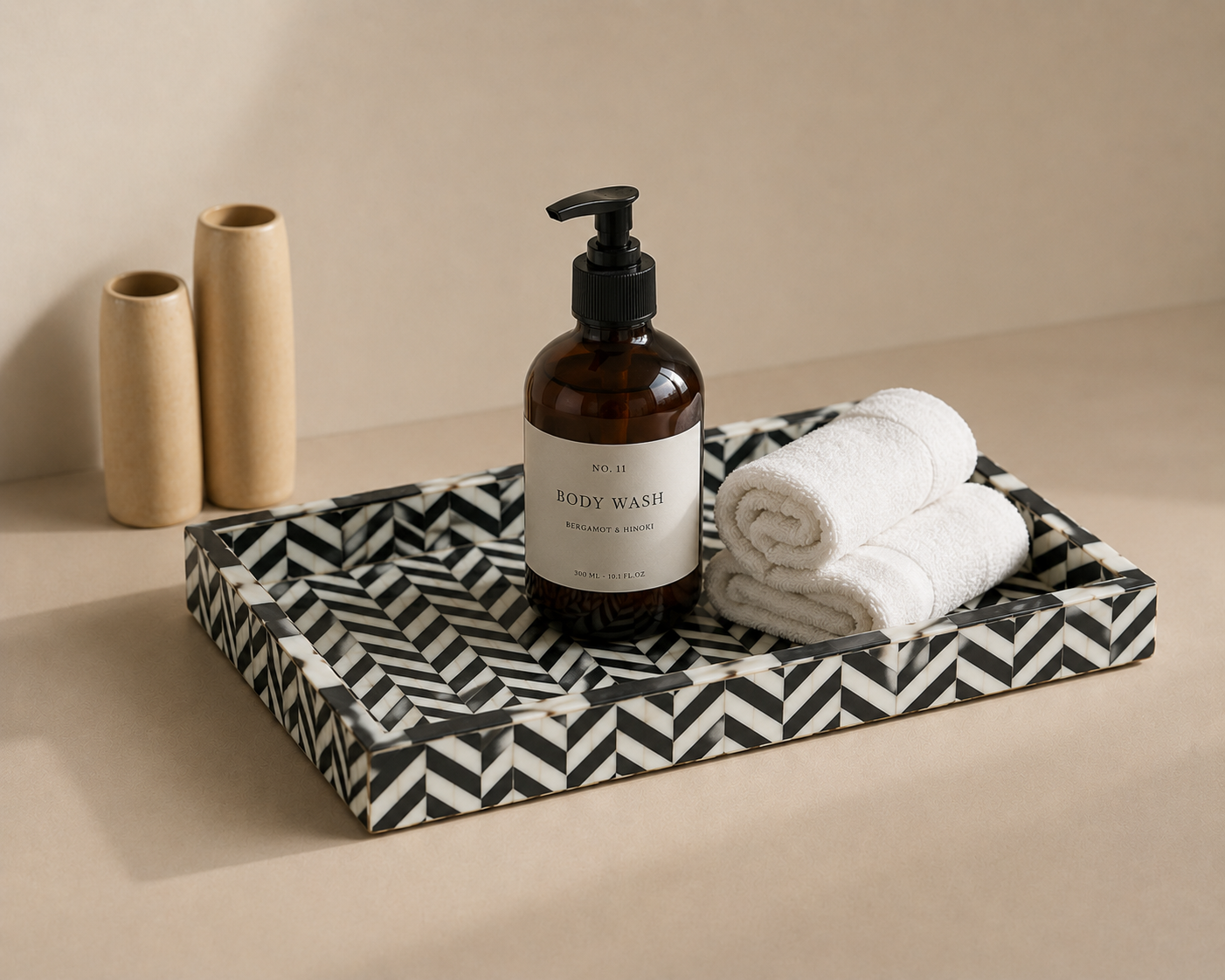 Artisan Bone Inlay Serving Tray in Black Zigzag Style