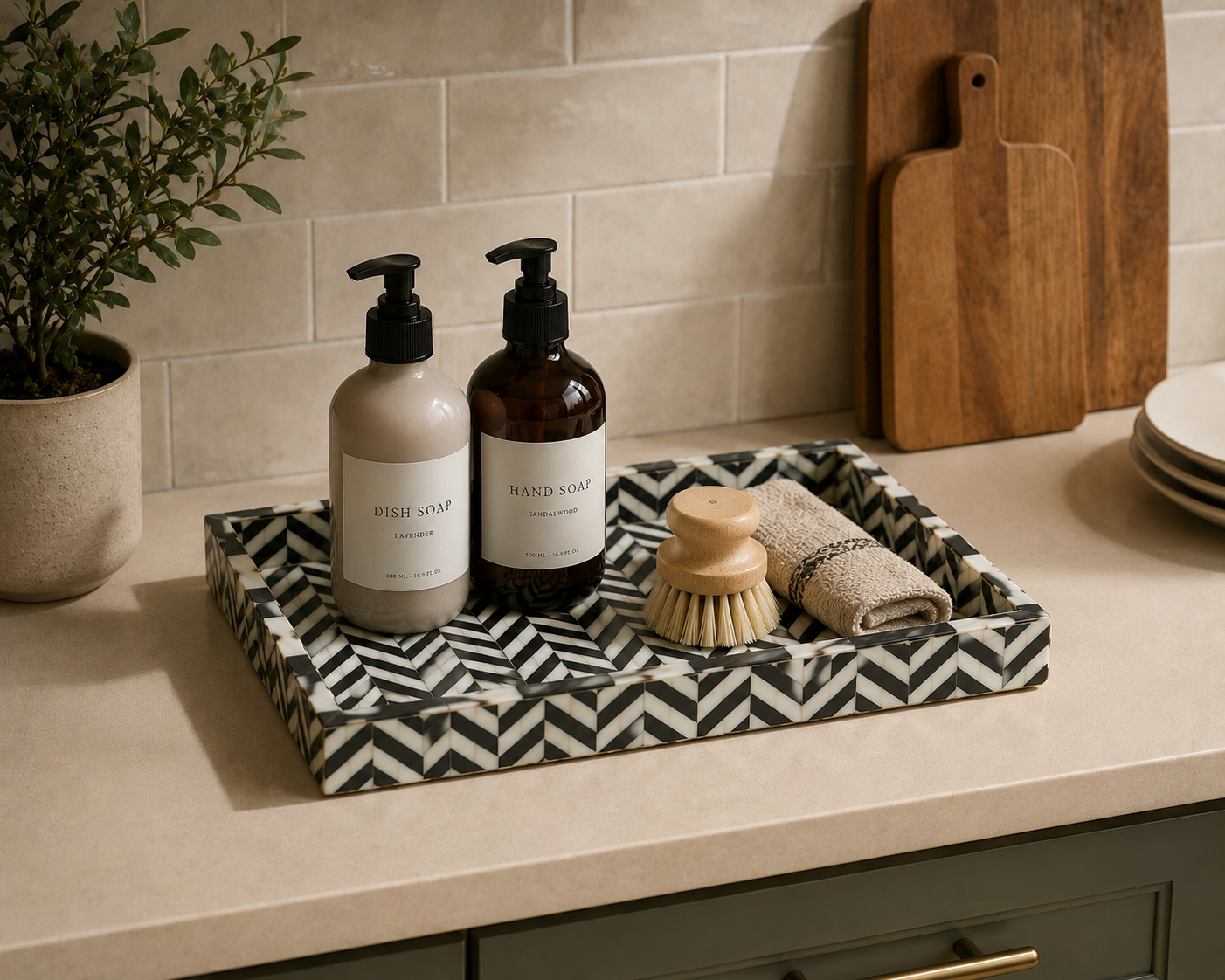 Artisan Bone Inlay Serving Tray in Black Zigzag Style