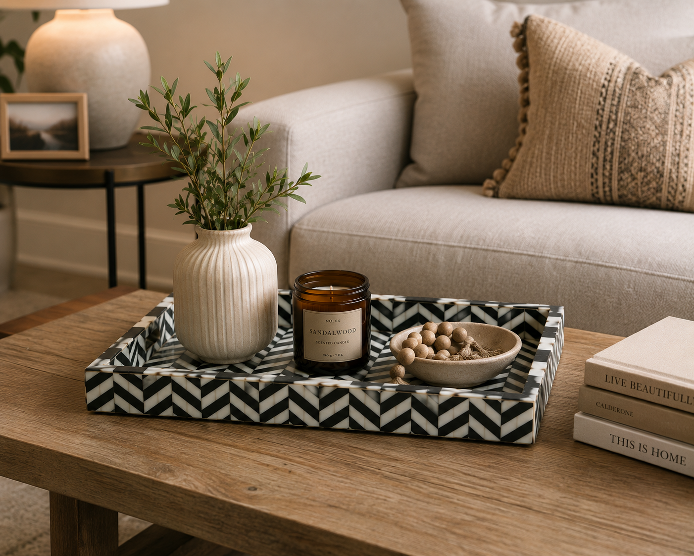 Artisan Bone Inlay Serving Tray in Black Zigzag Style
