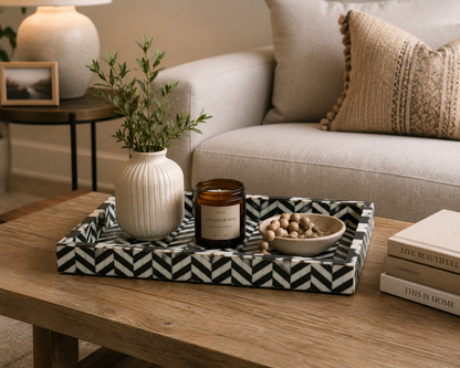 Artisan Bone Inlay Serving Tray in Black Zigzag Style