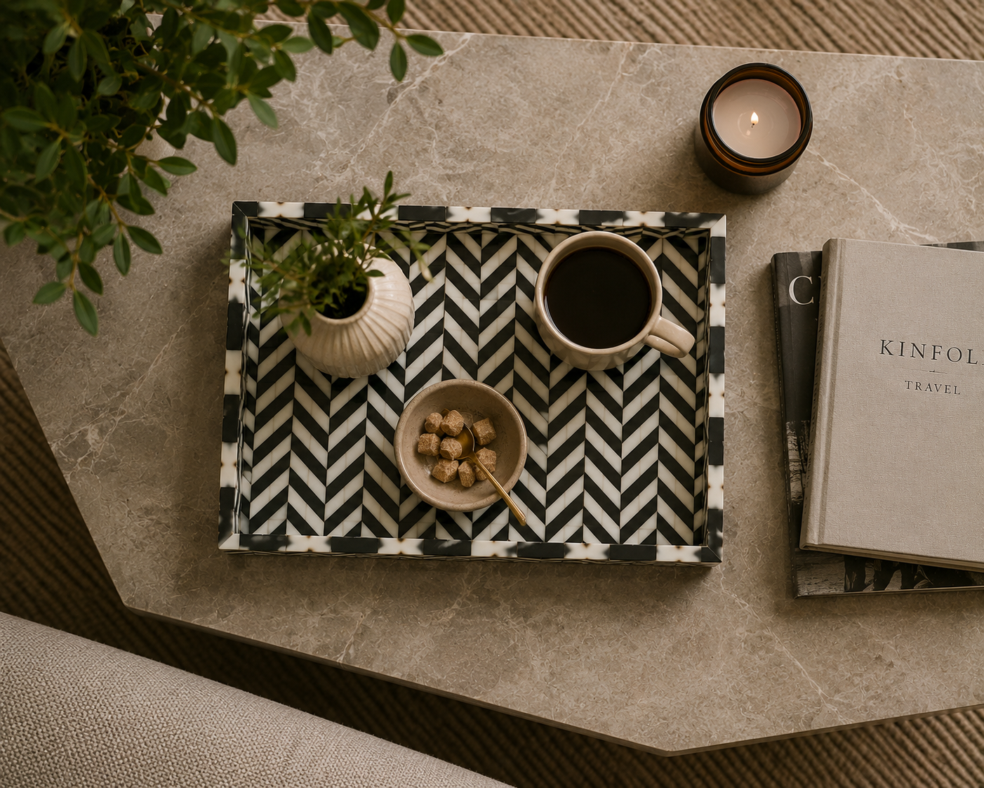 Artisan Bone Inlay Serving Tray in Black Zigzag Style