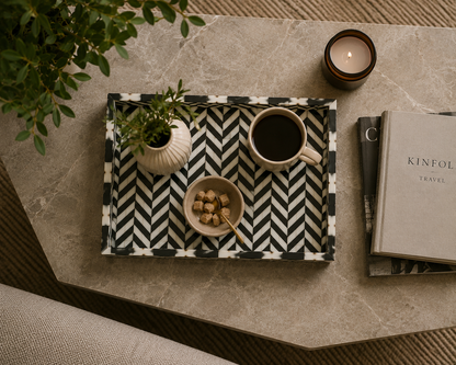 Artisan Bone Inlay Serving Tray in Black Zigzag Style