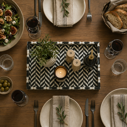 Artisan Bone Inlay Serving Tray in Black Zigzag Style