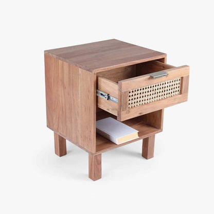 Handcrafted Wooden Rattan Cane Bedside Table- One Drawer/ One Shelf