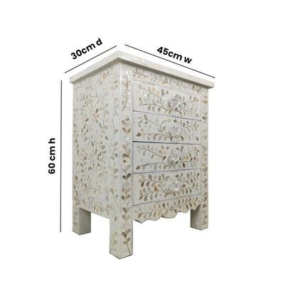 HANDMADE MOTHER OF PEARL INLAY BEDSIDE TABLE- Floral/White