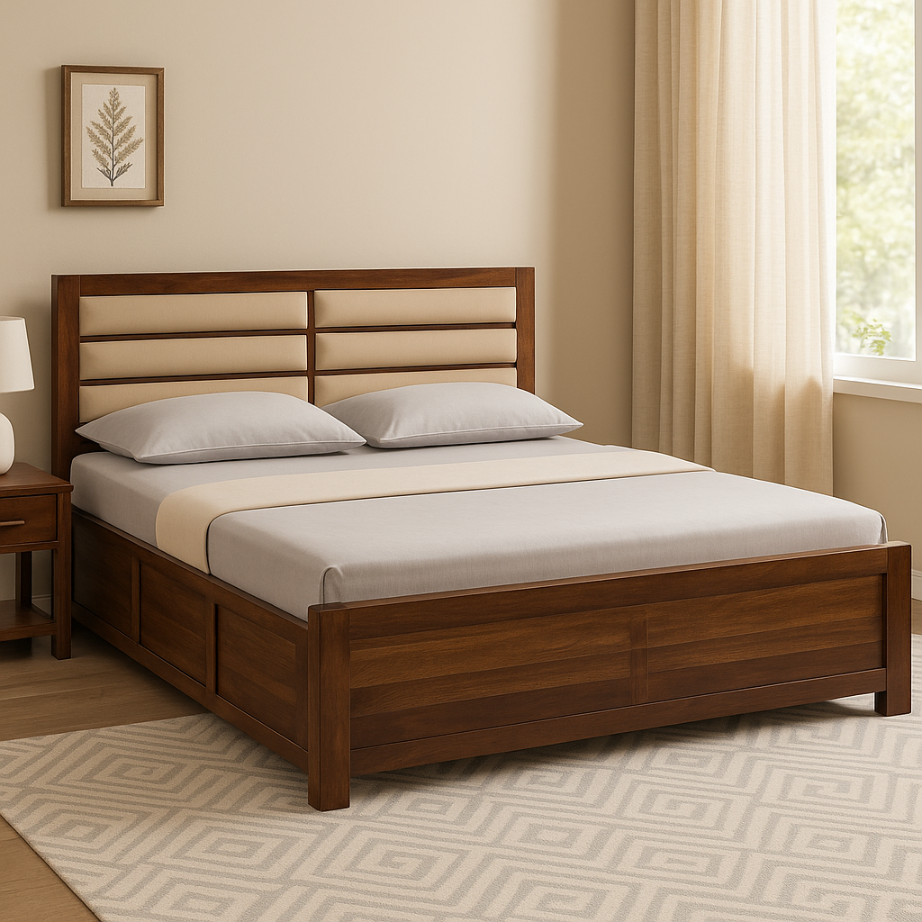 Modern solid wood bed with beige padded headboard in walnut finish, shown on white background – queen size handcrafted bedroom furniture.