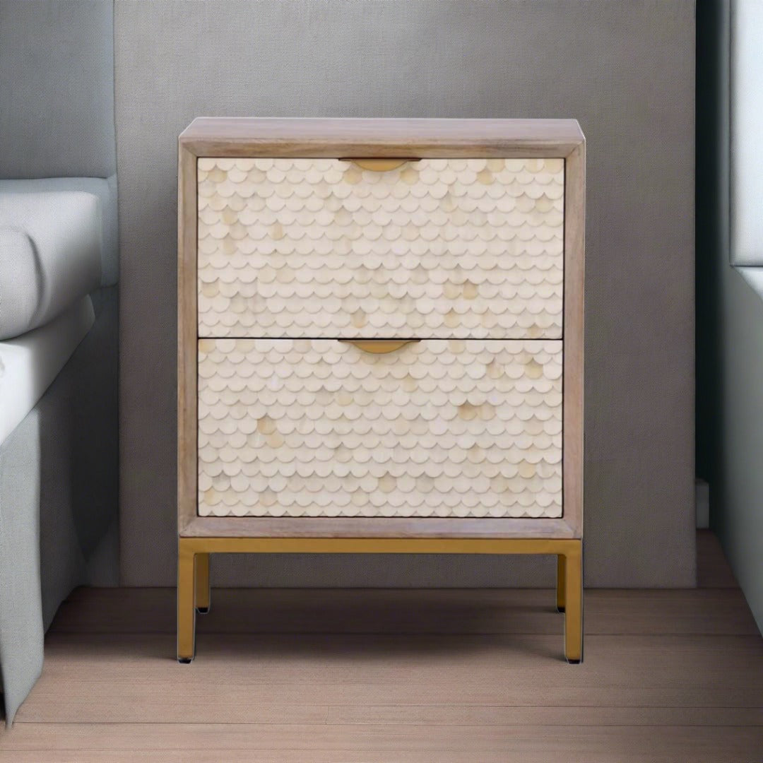Bone Inlay Bedside 2 Drawers- Fishscale