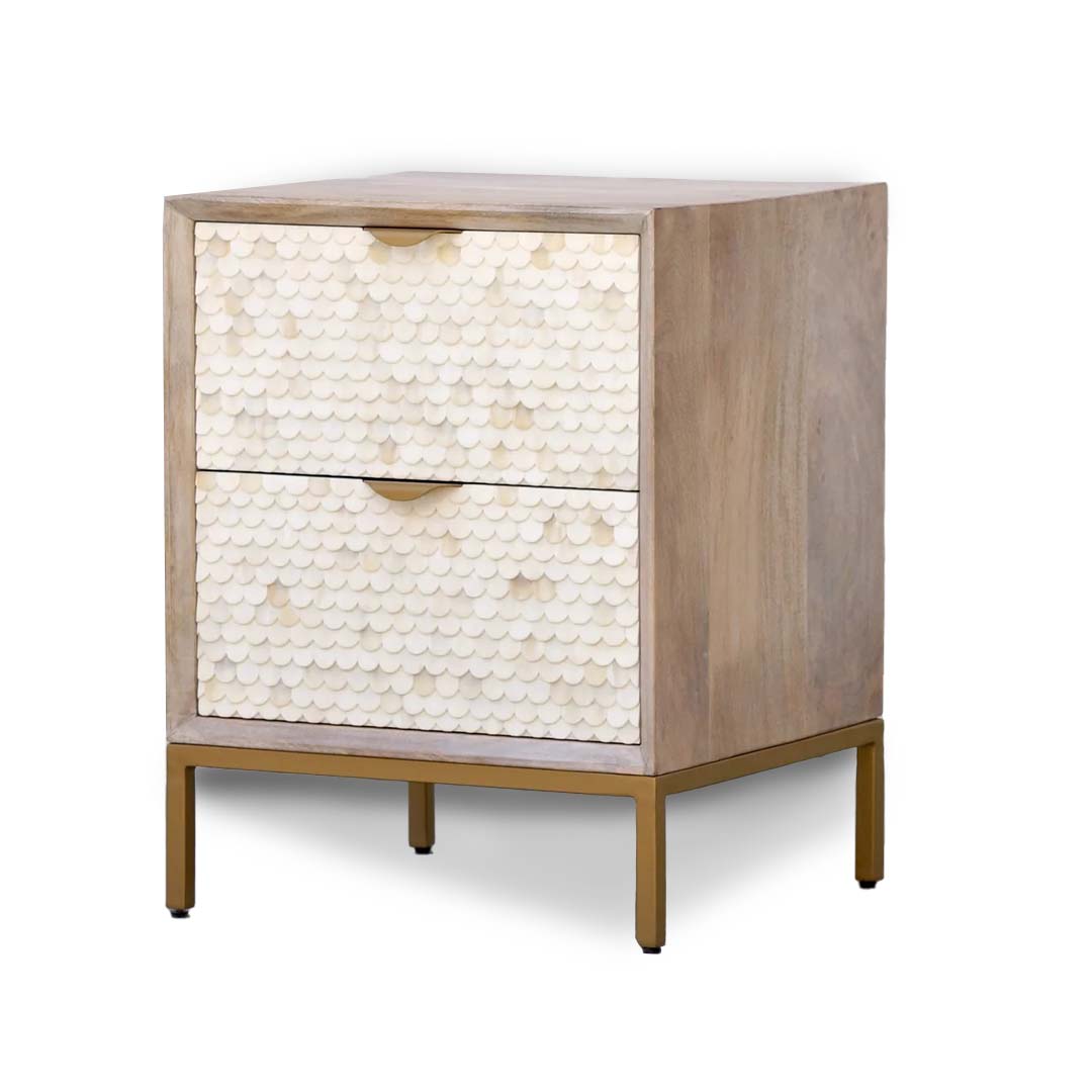 Bone Inlay Bedside 2 Drawers- Fishscale